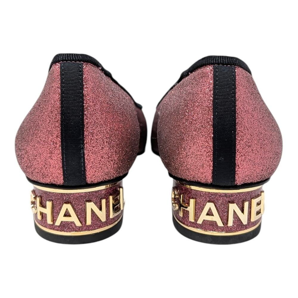 Chanel Ballet Block Heel Pumps Pink Glitter Grosgrain Cap Toe CC Logo 37.5 | 7 - Picture 5 of 13